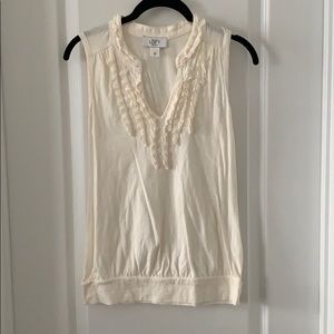 LOFT Ivory V-Neck Ruffles Sleeveless 100% Cotton Top Size Small Petite